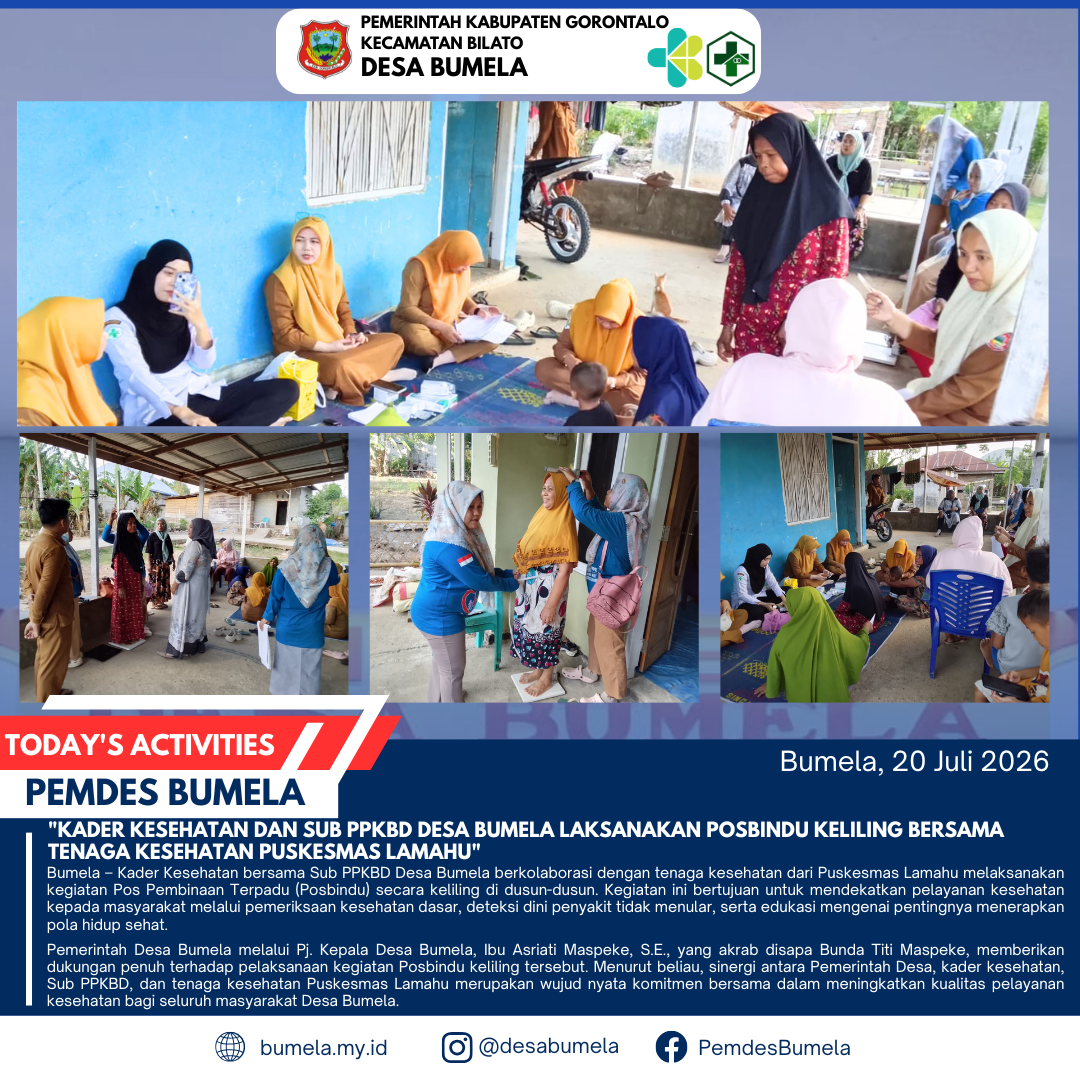Kader Kesehatan dan Sub PPKBD Desa Bumela Laksanakan Posbindu Keliling Bersama Tenaga Kesehatan Puskesmas Lamahu